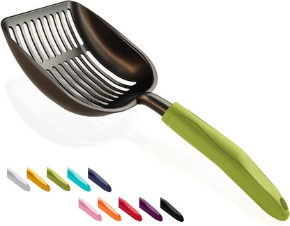 Cat Litter Scoop, Non-Stick Plated Aluminum Alloy Sifter, Kitty Durable Metal Scooper, Deep Shovel, Long Handle, Kitten Pooper Lifter, Size Medium, Coated Black Body with Turkish Blue Handle