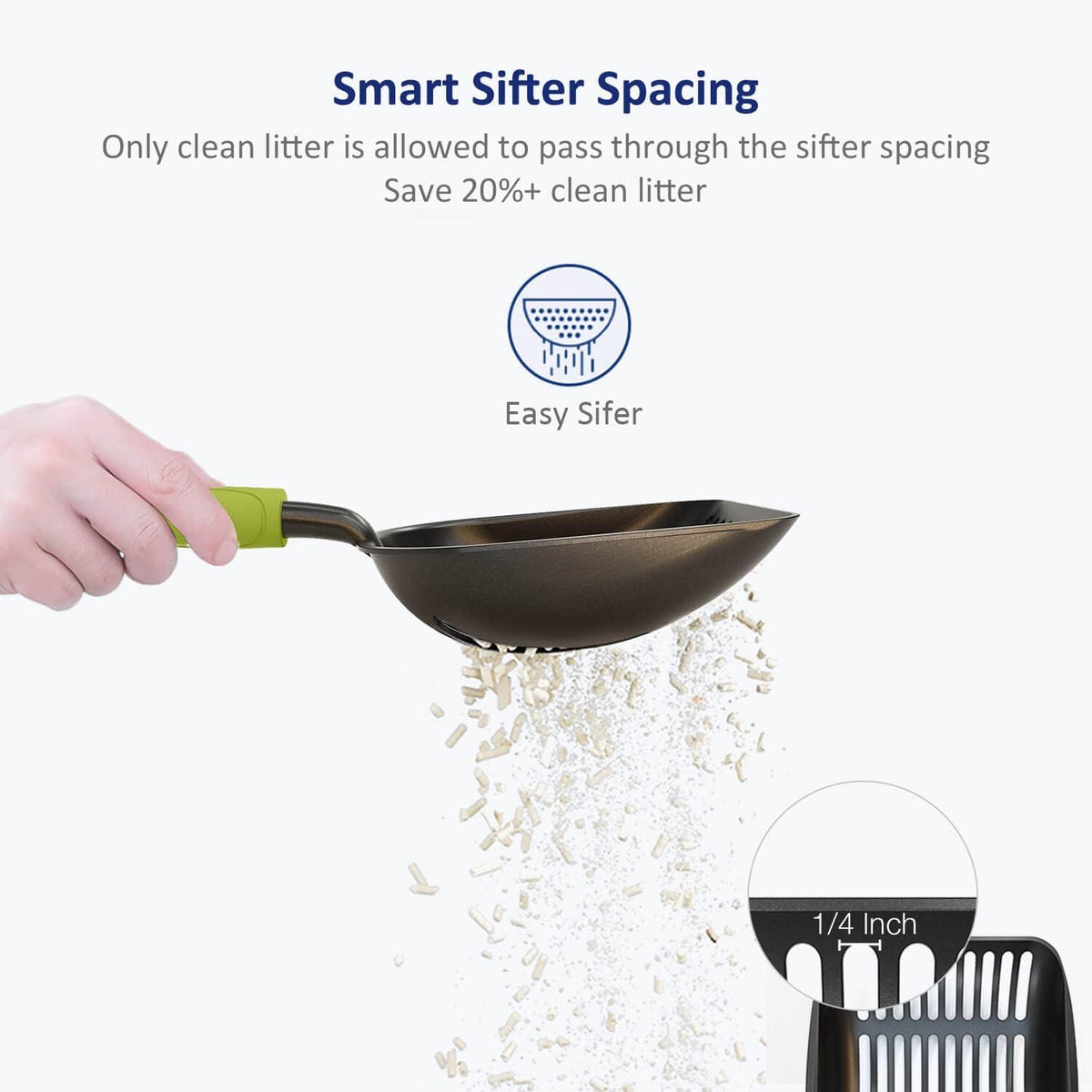 Cat Litter Scoop, Non-Stick Plated Aluminum Alloy Sifter, Kitty Durable Metal Scooper, Deep Shovel, Long Handle, Kitten Pooper Lifter, Size Medium, Coated Black Body with Turkish Blue Handle