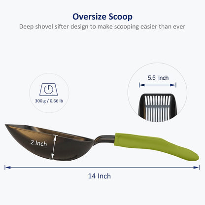 Cat Litter Scoop, Non-Stick Plated Aluminum Alloy Sifter, Kitty Durable Metal Scooper, Deep Shovel, Long Handle, Kitten Pooper Lifter, Size Medium, Coated Black Body with Turkish Blue Handle