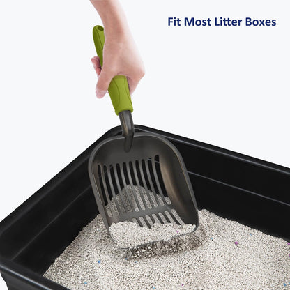 Cat Litter Scoop, Non-Stick Plated Aluminum Alloy Sifter, Kitty Durable Metal Scooper, Deep Shovel, Long Handle, Kitten Pooper Lifter, Size Medium, Coated Black Body with Turkish Blue Handle