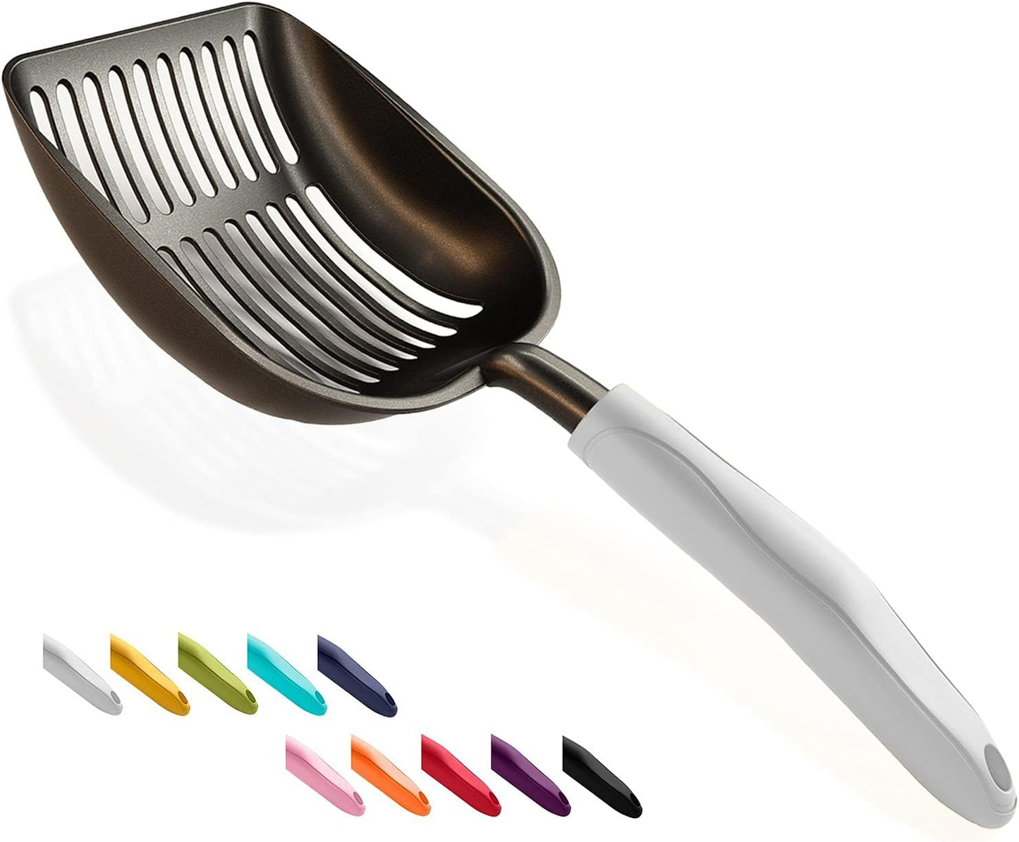 Cat Litter Scoop, Non-Stick Plated Aluminum Alloy Sifter, Kitty Durable Metal Scooper, Deep Shovel, Long Handle, Kitten Pooper Lifter, Size Medium, Coated Black Body with Turkish Blue Handle