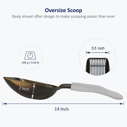 Cat Litter Scoop, Non-Stick Plated Aluminum Alloy Sifter, Kitty Durable Metal Scooper, Deep Shovel, Long Handle, Kitten Pooper Lifter, Size Medium, Coated Black Body with Turkish Blue Handle