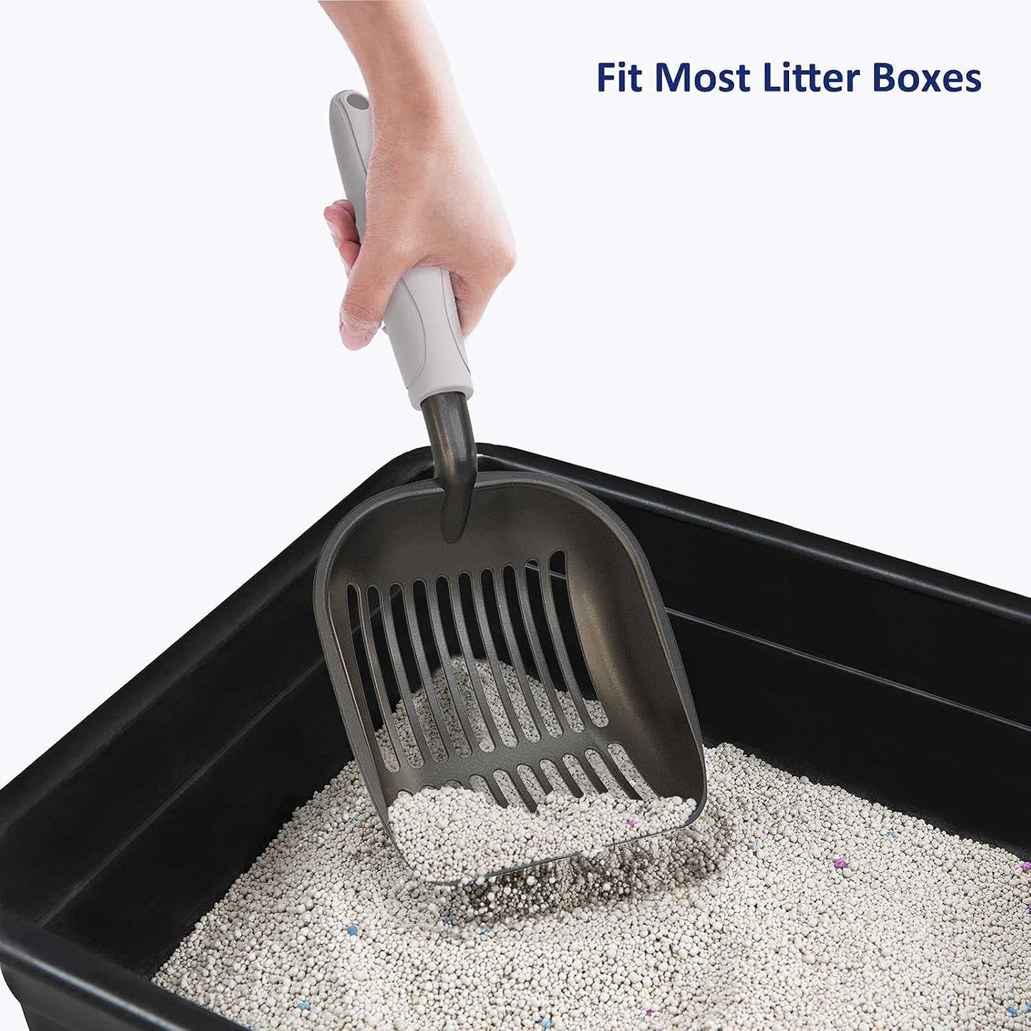 Cat Litter Scoop, Non-Stick Plated Aluminum Alloy Sifter, Kitty Durable Metal Scooper, Deep Shovel, Long Handle, Kitten Pooper Lifter, Size Medium, Coated Black Body with Turkish Blue Handle