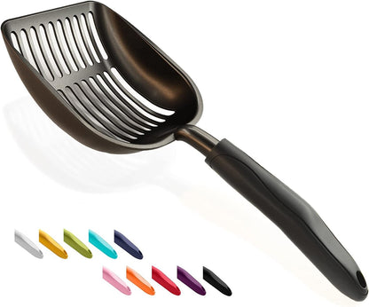 Cat Litter Scoop, Non-Stick Plated Aluminum Alloy Sifter, Kitty Durable Metal Scooper, Deep Shovel, Long Handle, Kitten Pooper Lifter, Size Medium, Coated Black Body with Turkish Blue Handle