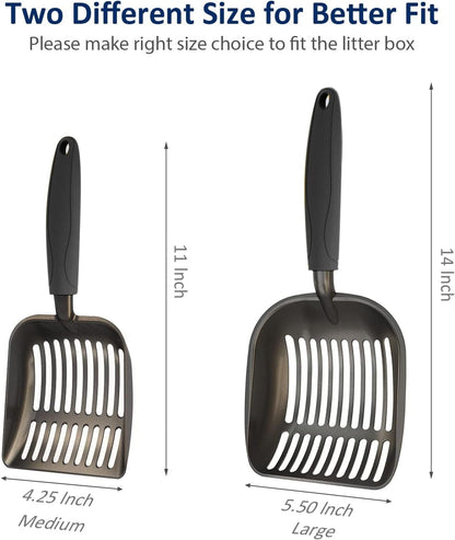 Cat Litter Scoop, Non-Stick Plated Aluminum Alloy Sifter, Kitty Durable Metal Scooper, Deep Shovel, Long Handle, Kitten Pooper Lifter, Size Medium, Coated Black Body with Turkish Blue Handle