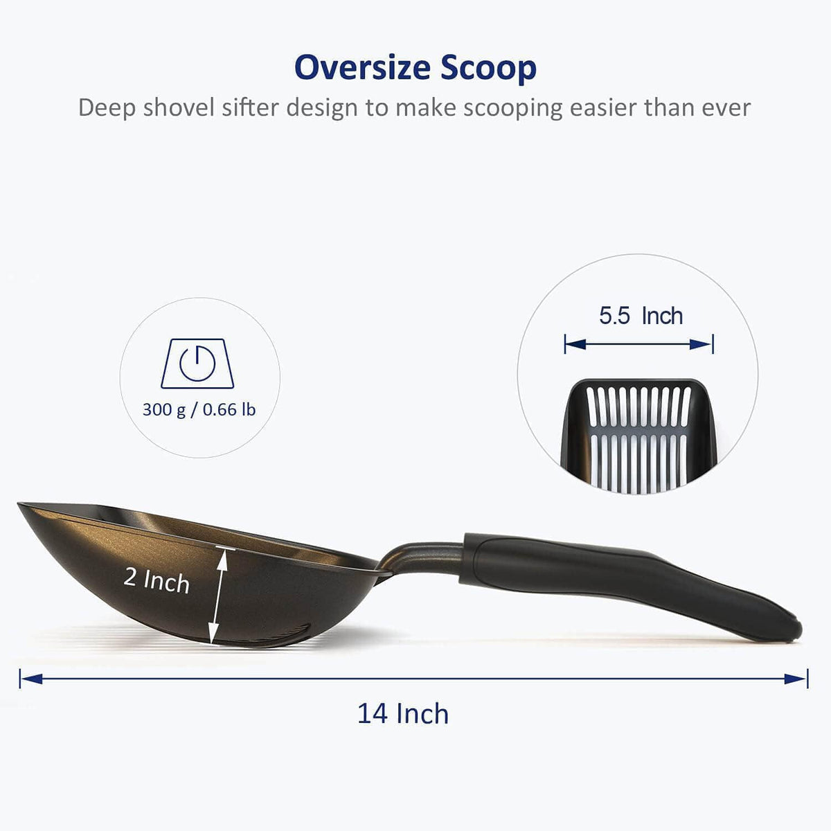 Cat Litter Scoop, Non-Stick Plated Aluminum Alloy Sifter, Kitty Durable Metal Scooper, Deep Shovel, Long Handle, Kitten Pooper Lifter, Size Medium, Coated Black Body with Turkish Blue Handle