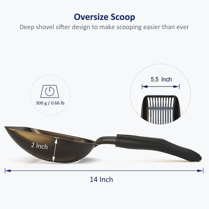 Cat Litter Scoop, Non-Stick Plated Aluminum Alloy Sifter, Kitty Durable Metal Scooper, Deep Shovel, Long Handle, Kitten Pooper Lifter, Size Medium, Coated Black Body with Turkish Blue Handle