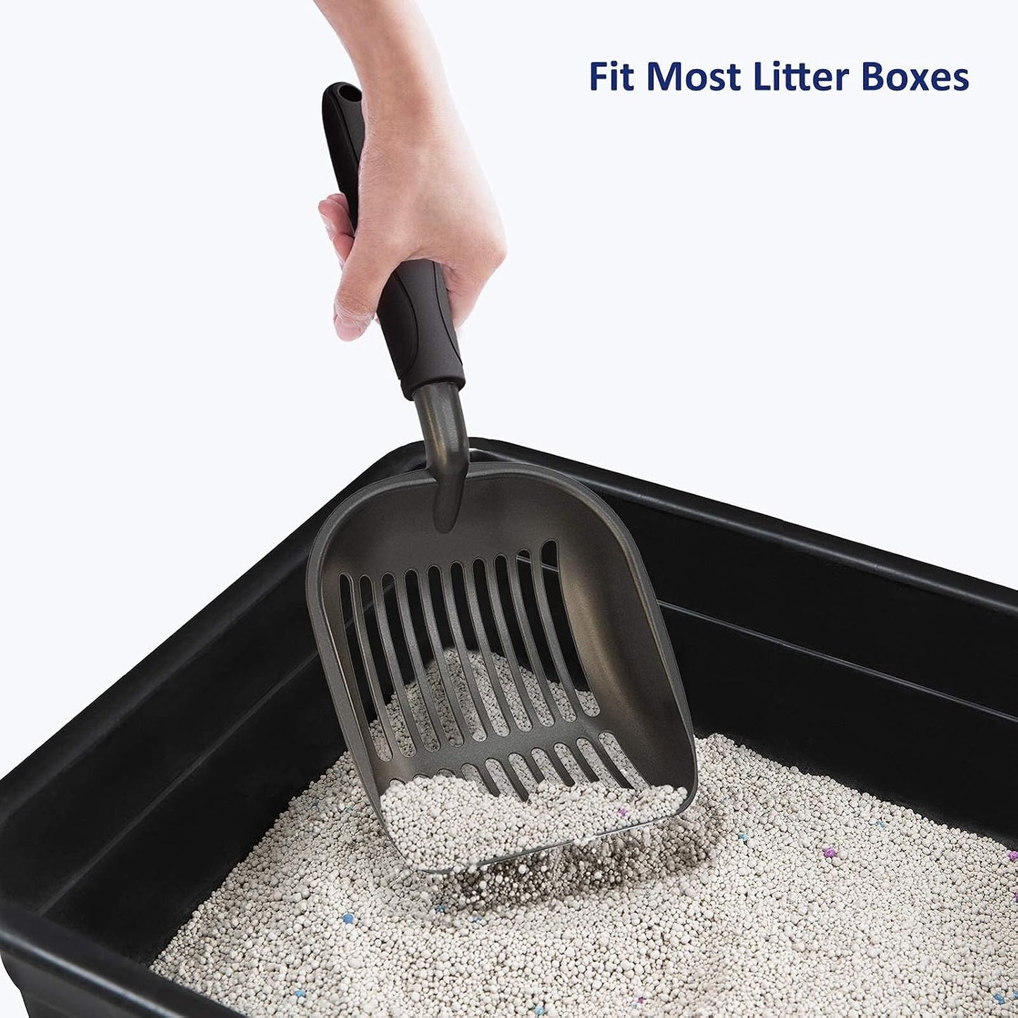 Cat Litter Scoop, Non-Stick Plated Aluminum Alloy Sifter, Kitty Durable Metal Scooper, Deep Shovel, Long Handle, Kitten Pooper Lifter, Size Medium, Coated Black Body with Turkish Blue Handle