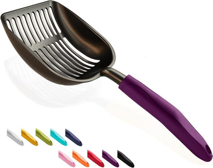Cat Litter Scoop, Non-Stick Plated Aluminum Alloy Sifter, Kitty Durable Metal Scooper, Deep Shovel, Long Handle, Kitten Pooper Lifter, Size Medium, Coated Black Body with Turkish Blue Handle
