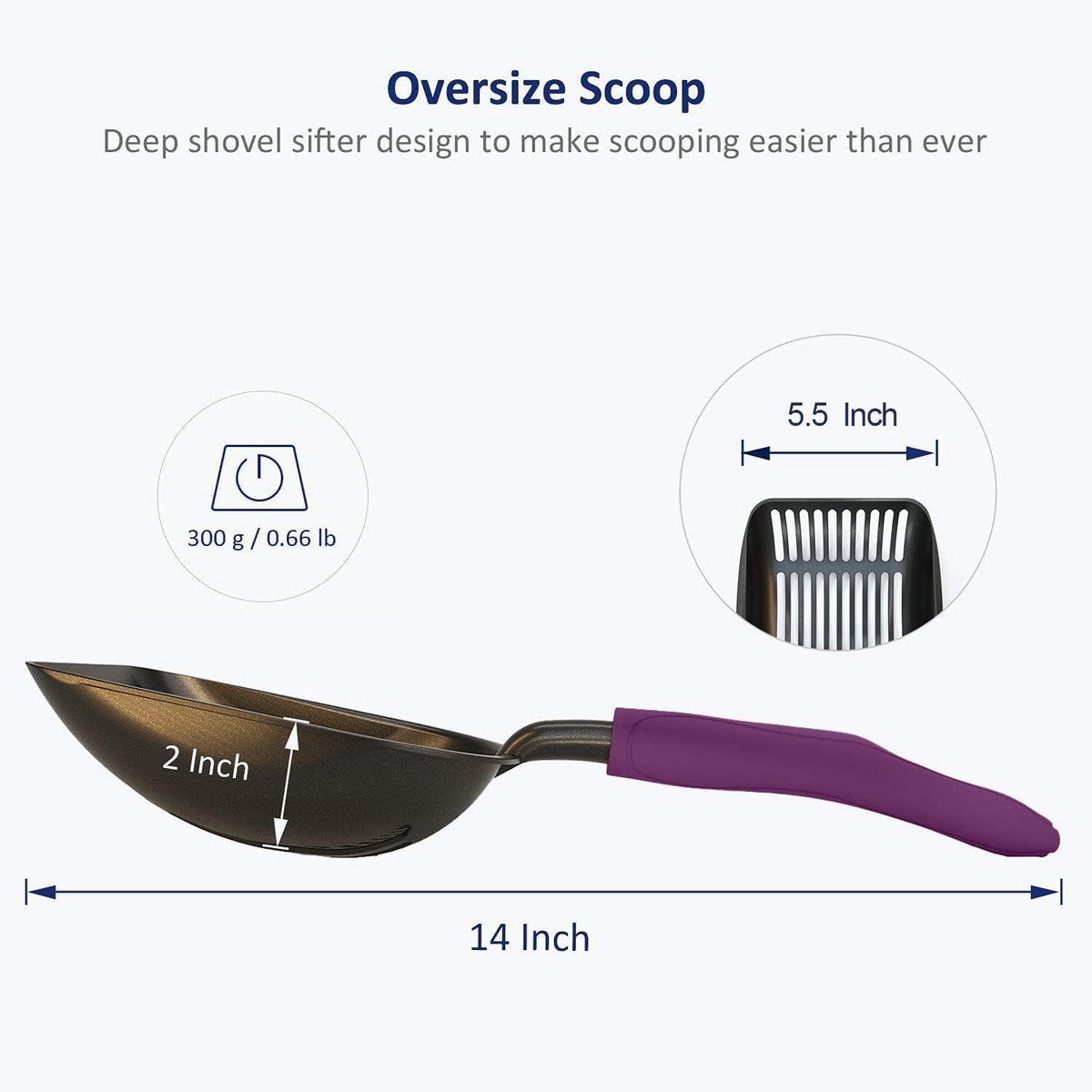 Cat Litter Scoop, Non-Stick Plated Aluminum Alloy Sifter, Kitty Durable Metal Scooper, Deep Shovel, Long Handle, Kitten Pooper Lifter, Size Medium, Coated Black Body with Turkish Blue Handle