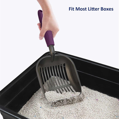 Cat Litter Scoop, Non-Stick Plated Aluminum Alloy Sifter, Kitty Durable Metal Scooper, Deep Shovel, Long Handle, Kitten Pooper Lifter, Size Medium, Coated Black Body with Turkish Blue Handle
