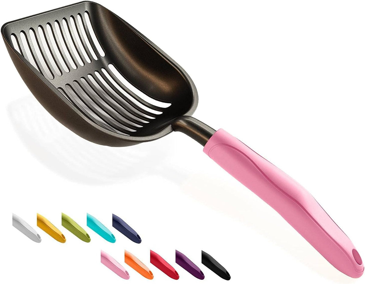 Cat Litter Scoop, Non-Stick Plated Aluminum Alloy Sifter, Kitty Durable Metal Scooper, Deep Shovel, Long Handle, Kitten Pooper Lifter, Size Medium, Coated Black Body with Turkish Blue Handle