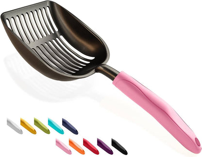 Cat Litter Scoop, Non-Stick Plated Aluminum Alloy Sifter, Kitty Durable Metal Scooper, Deep Shovel, Long Handle, Kitten Pooper Lifter, Size Medium, Coated Black Body with Turkish Blue Handle