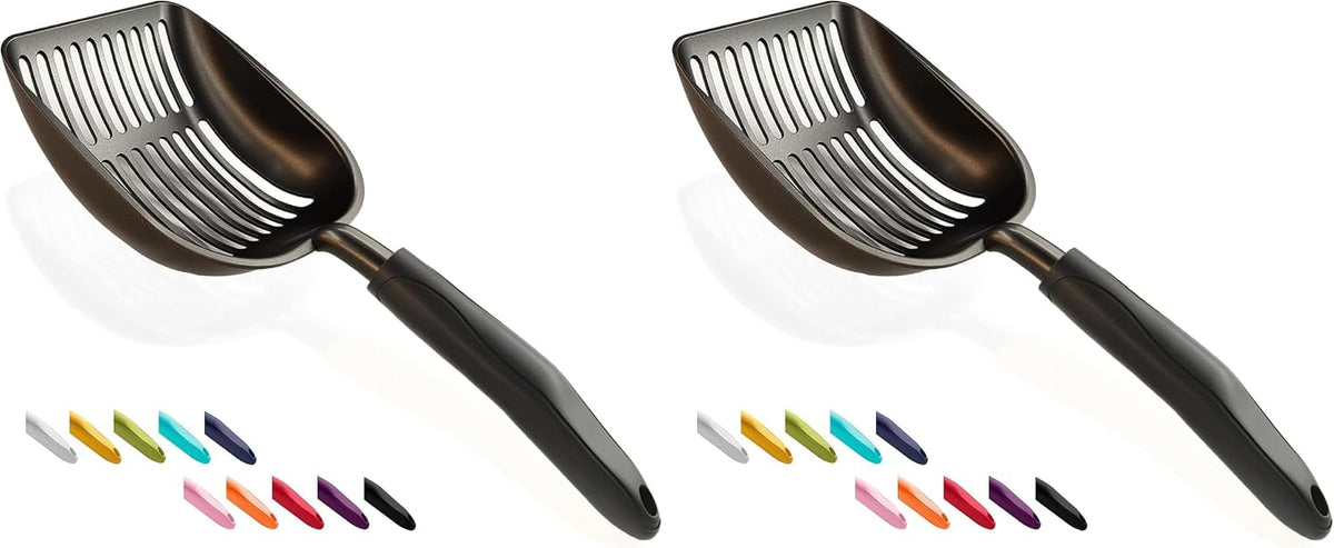 Cat Litter Scoop, Non-Stick Plated Aluminum Alloy Sifter, Kitty Durable Metal Scooper, Deep Shovel, Long Handle, Kitten Pooper Lifter, Size Medium, Coated Black Body with Turkish Blue Handle