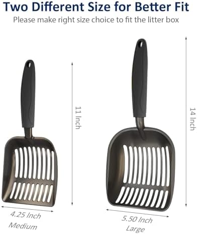Cat Litter Scoop, Non-Stick Plated Aluminum Alloy Sifter, Kitty Durable Metal Scooper, Deep Shovel, Long Handle, Kitten Pooper Lifter, Size Medium, Coated Black Body with Turkish Blue Handle