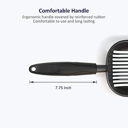 Cat Litter Scoop, Non-Stick Plated Aluminum Alloy Sifter, Kitty Durable Metal Scooper, Deep Shovel, Long Handle, Kitten Pooper Lifter, Size Medium, Coated Black Body with Turkish Blue Handle