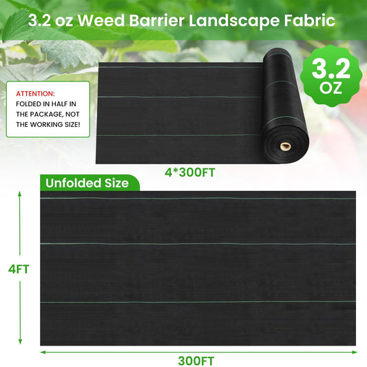 Weed Barrier Fabric, 4 x 300 ft, 3.2 oz Landscape Fabric