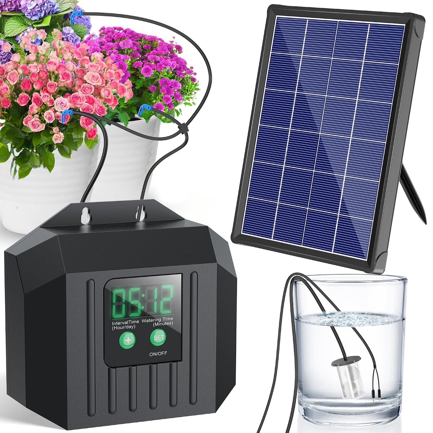 4W Solar Drip Irrigation Kit for Outdoor Indoor Plants, Customizable Watering Duration 1–30min & Interval 3h–7d, Solar Irrigation System for Garden Patio Balcony Vacation