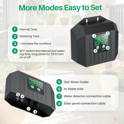 4W Solar Drip Irrigation Kit for Outdoor Indoor Plants, Customizable Watering Duration 1–30min & Interval 3h–7d, Solar Irrigation System for Garden Patio Balcony Vacation
