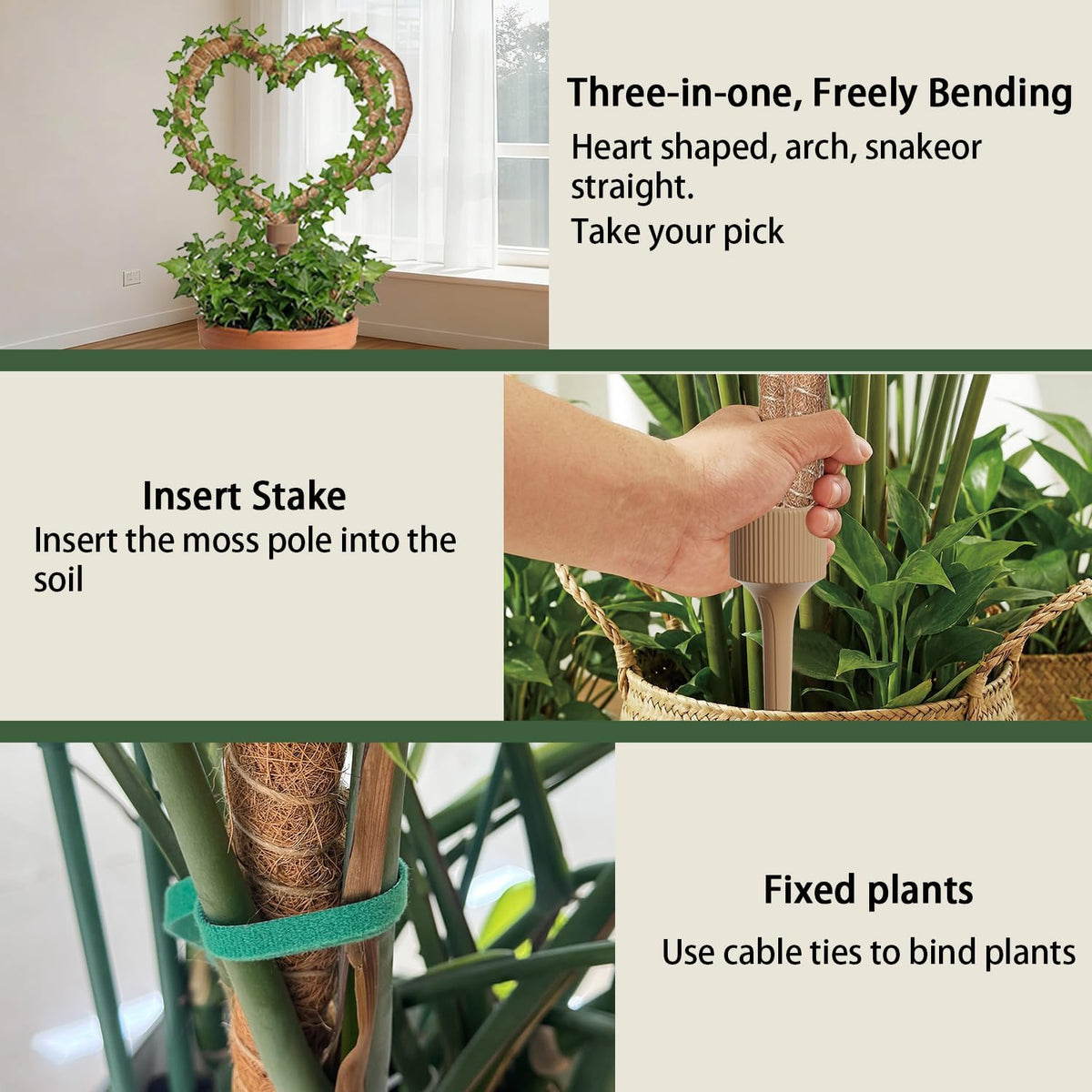 3 Moss Poles in 1, 30IN Tall Bendable Monstera Plant Support -1 Pack