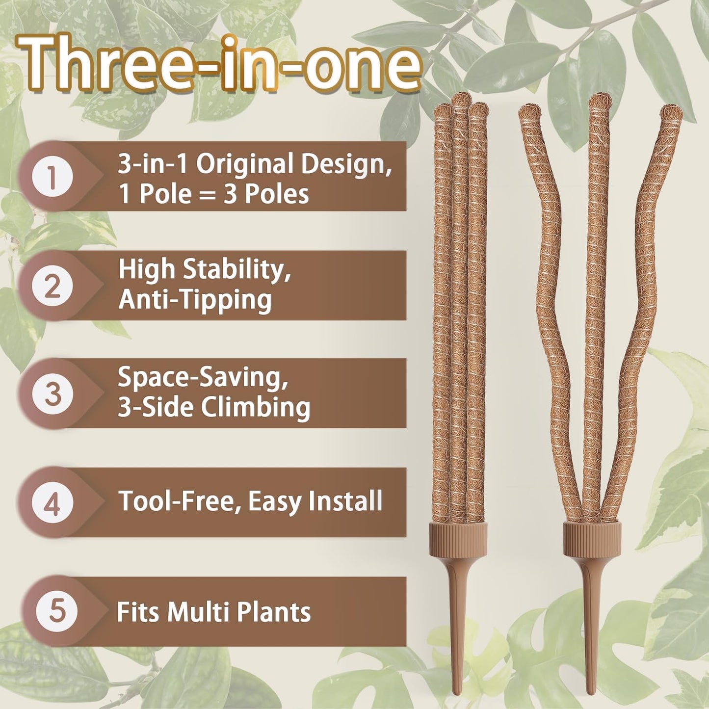 3 Moss Poles in 1, 30IN Tall Bendable Monstera Plant Support -1 Pack