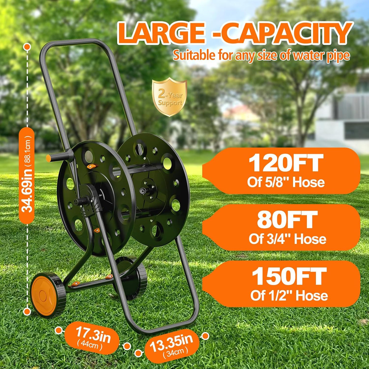 Garden Hose Reel Cart, Holds 75-150 Ft of Hose Storage Holder