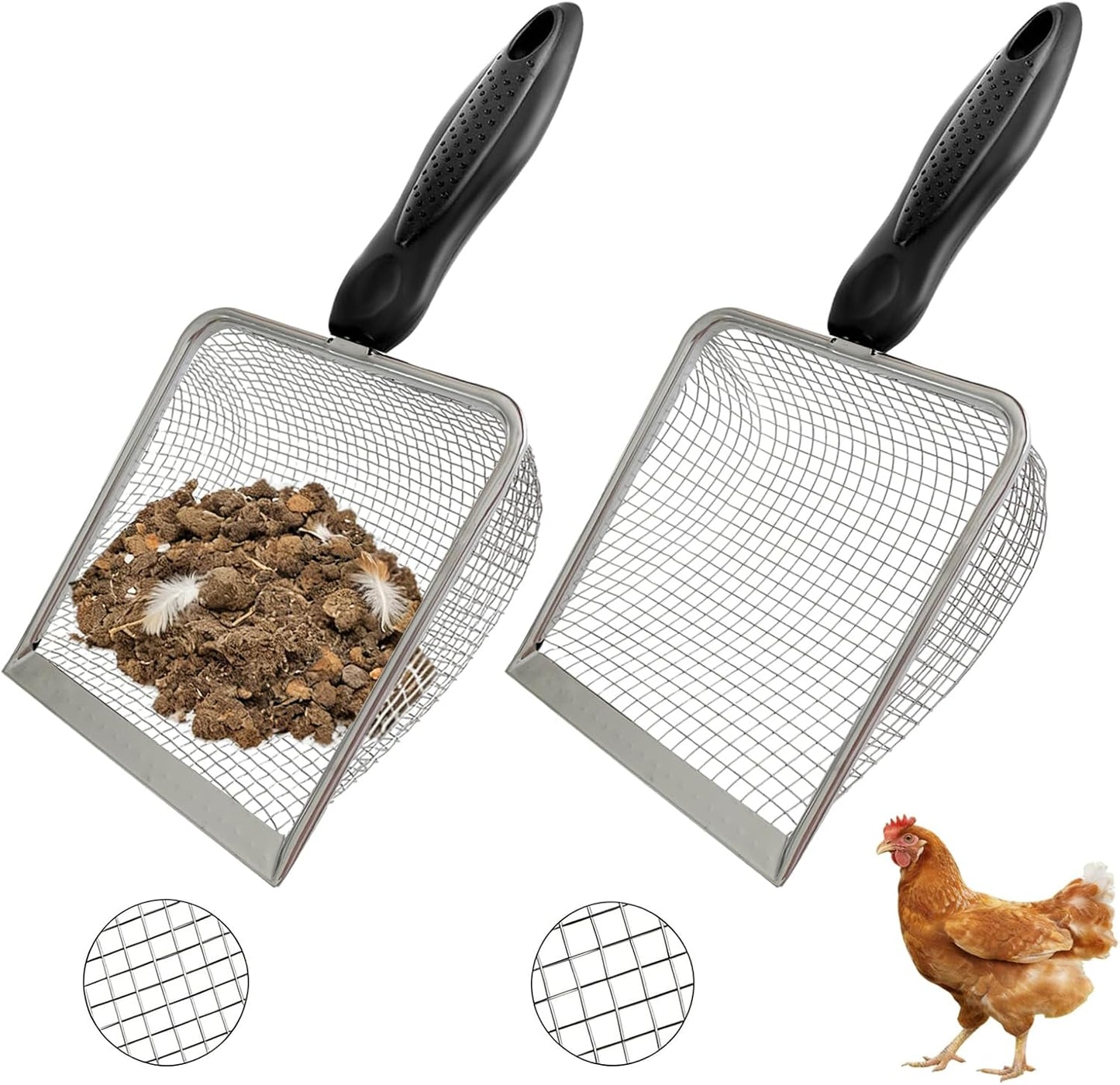 2 Pack Chicken Poop Scooper for Coop, Mesh Sifting Shovel 3.8mm 5mm Holes