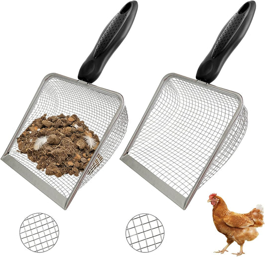 2 Pack Chicken Poop Scooper for Coop, Mesh Sifting Shovel 3.8mm 5mm Holes