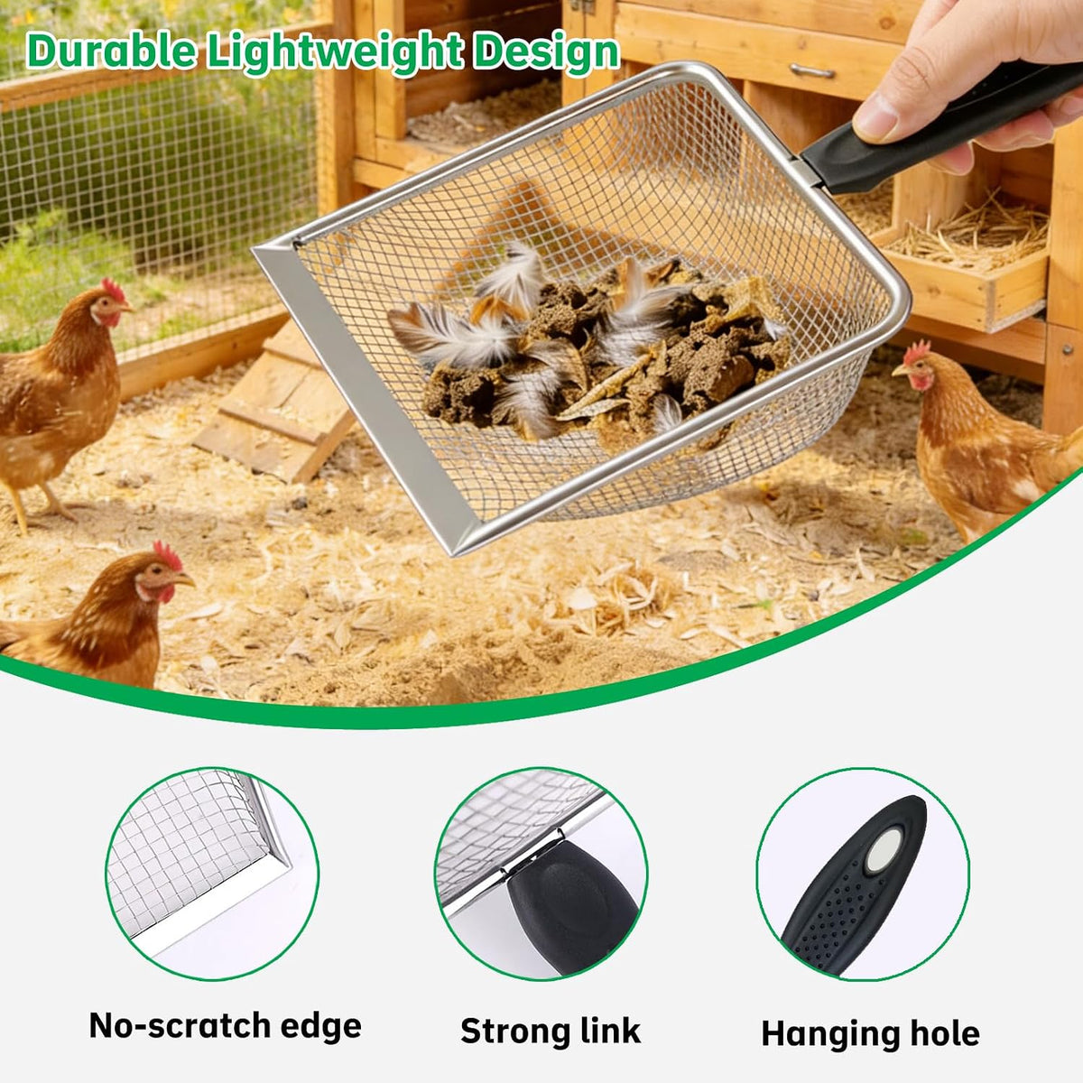 2 Pack Chicken Poop Scooper for Coop, Mesh Sifting Shovel 3.8mm 5mm Holes