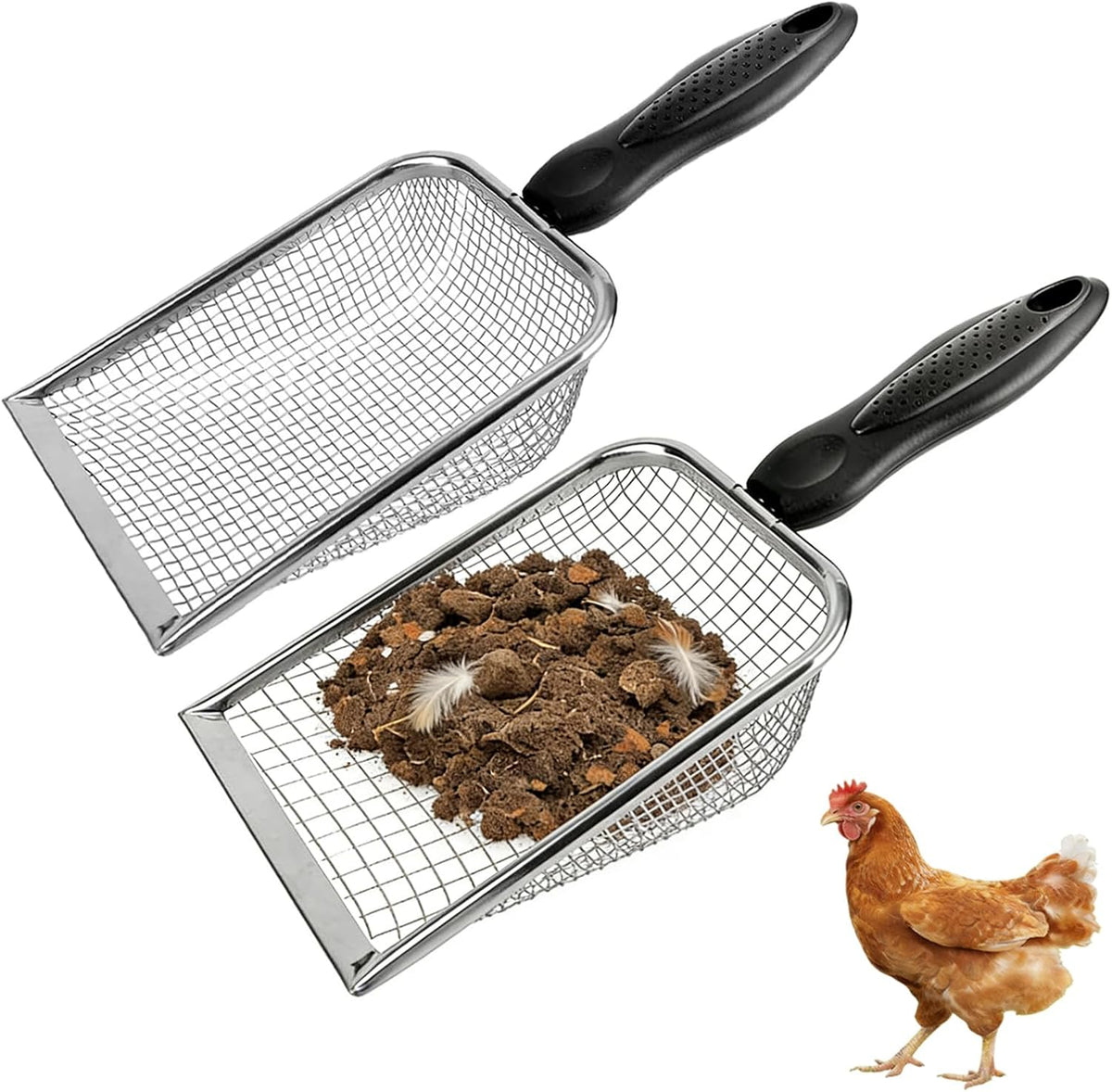 2 Pack Chicken Poop Scooper for Coop, Mesh Sifting Shovel 3.8mm 5mm Holes