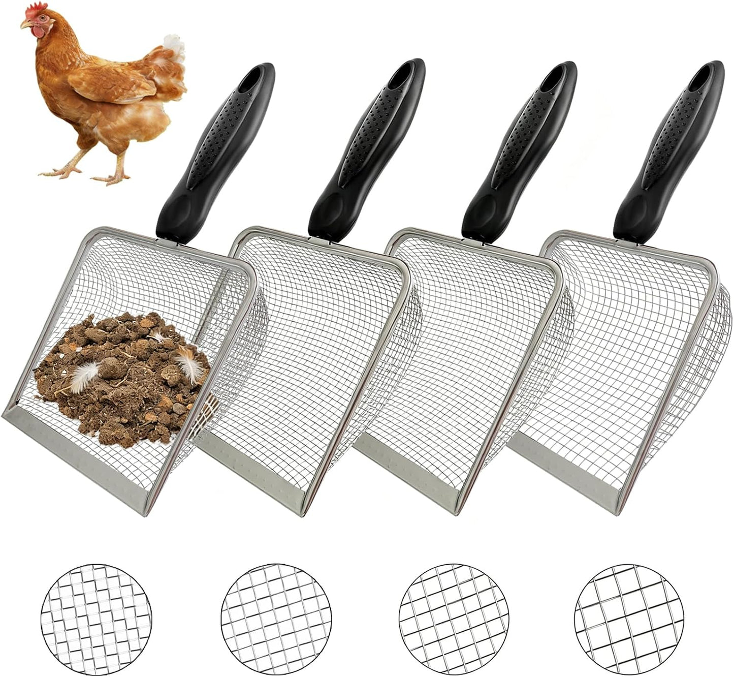 2 Pack Chicken Poop Scooper for Coop, Mesh Sifting Shovel 3.8mm 5mm Holes