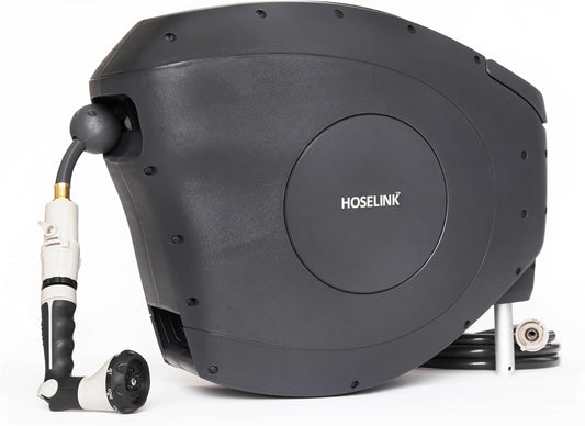 HOSELINK Classic Charcoal 100ft Automatic Retractable Garden Hose Reel, 1/2" UV-Stabilized Kink-Free Hose, Wall Mounted Complete Watering Solution for Backyard, Garden & Outdoor