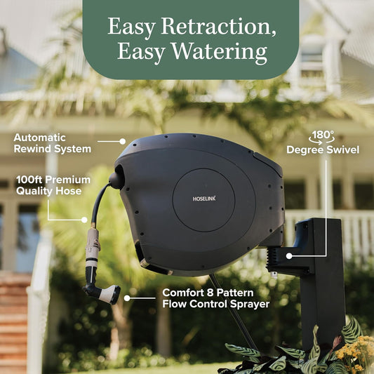 HOSELINK Classic Charcoal 100ft Automatic Retractable Garden Hose Reel, 1/2" UV-Stabilized Kink-Free Hose, Wall Mounted Complete Watering Solution for Backyard, Garden & Outdoor
