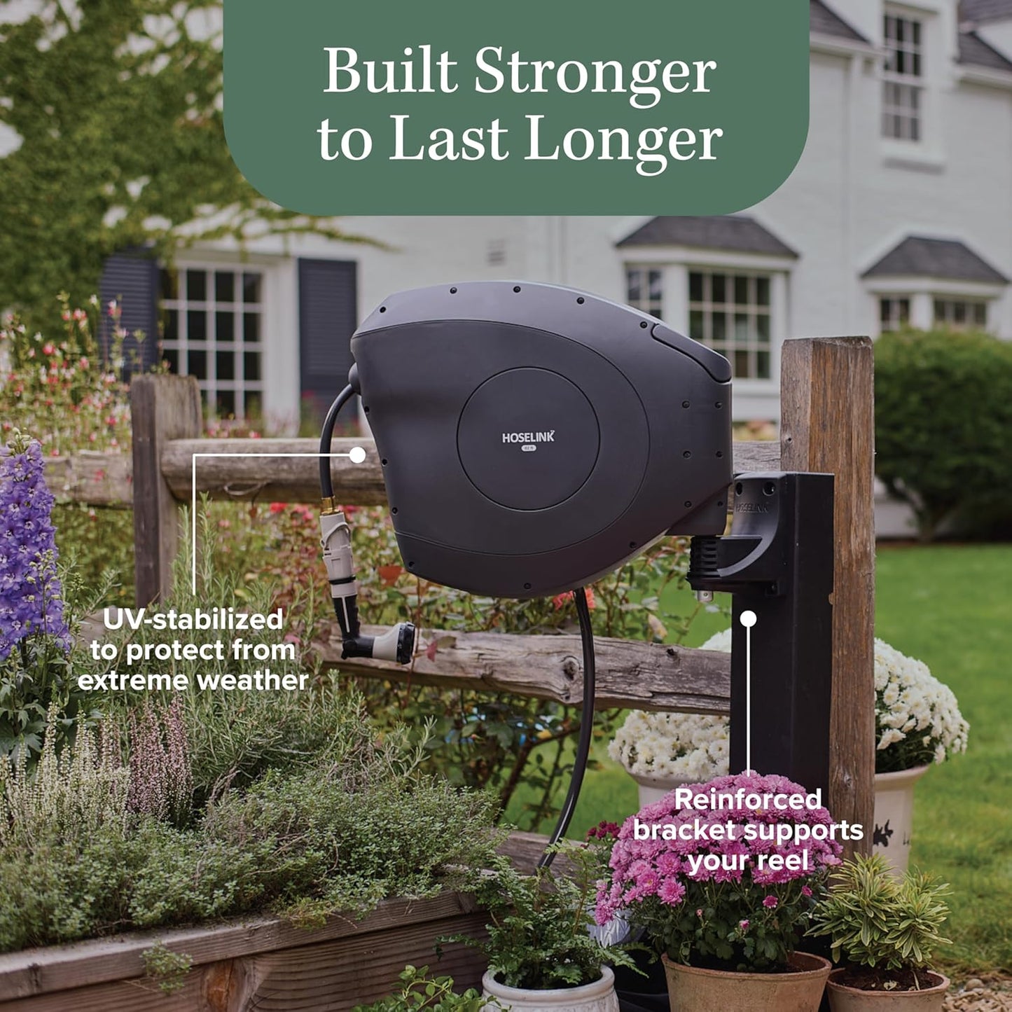HOSELINK Classic Charcoal 100ft Automatic Retractable Garden Hose Reel, 1/2" UV-Stabilized Kink-Free Hose, Wall Mounted Complete Watering Solution for Backyard, Garden & Outdoor
