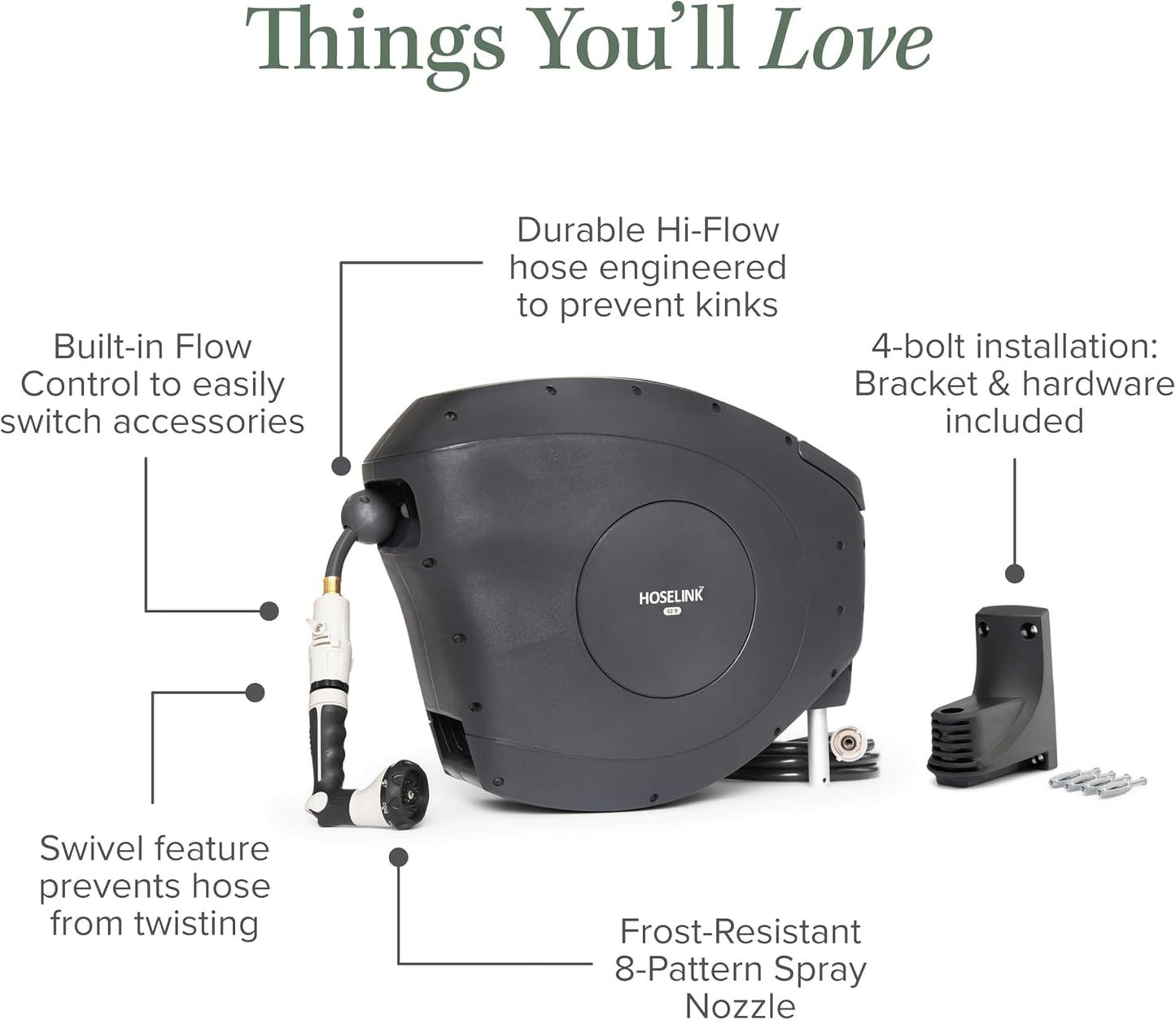 HOSELINK Classic Charcoal 100ft Automatic Retractable Garden Hose Reel, 1/2" UV-Stabilized Kink-Free Hose, Wall Mounted Complete Watering Solution for Backyard, Garden & Outdoor