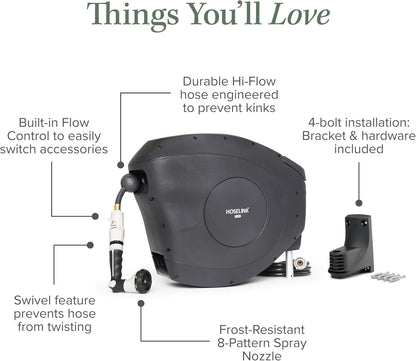 HOSELINK Classic Charcoal 100ft Automatic Retractable Garden Hose Reel, 1/2" UV-Stabilized Kink-Free Hose, Wall Mounted Complete Watering Solution for Backyard, Garden & Outdoor