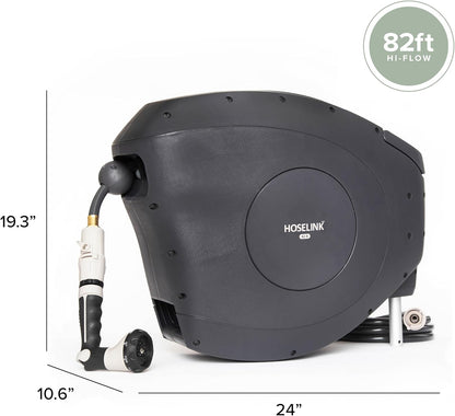 HOSELINK Classic Charcoal 100ft Automatic Retractable Garden Hose Reel, 1/2" UV-Stabilized Kink-Free Hose, Wall Mounted Complete Watering Solution for Backyard, Garden & Outdoor