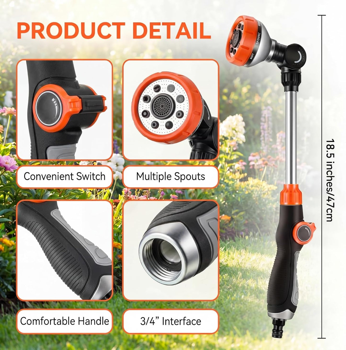18 Inch Watering Wand for Garden Hose with 8 Spray Patterns