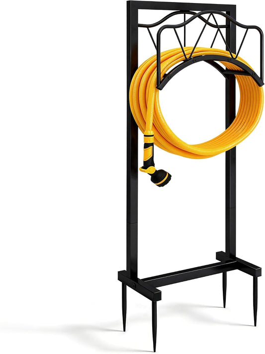 Garden Hose Holder - Upgraded Water Hose Holder Stand with Storage Basket Holds 150ft, Heavy Duty Freestanding Garden Hose Hanger Storage Rack for Outside Yard Lawn Farm