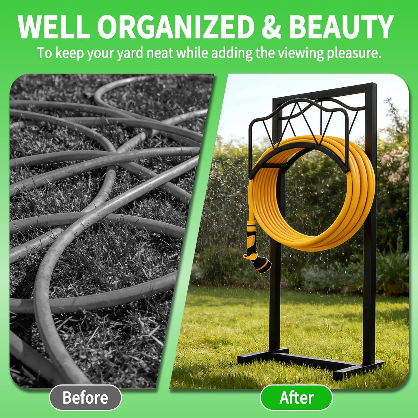 Garden Hose Holder - Upgraded Water Hose Holder Stand with Storage Basket Holds 150ft, Heavy Duty Freestanding Garden Hose Hanger Storage Rack for Outside Yard Lawn Farm