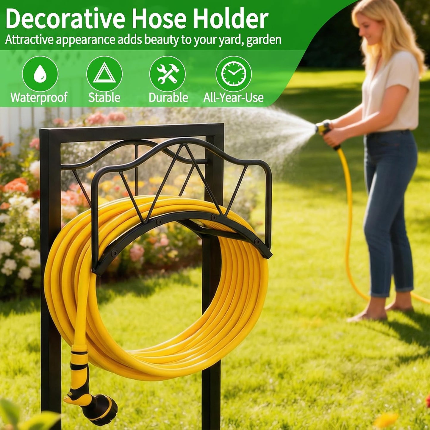 Garden Hose Holder - Upgraded Water Hose Holder Stand with Storage Basket Holds 150ft, Heavy Duty Freestanding Garden Hose Hanger Storage Rack for Outside Yard Lawn Farm