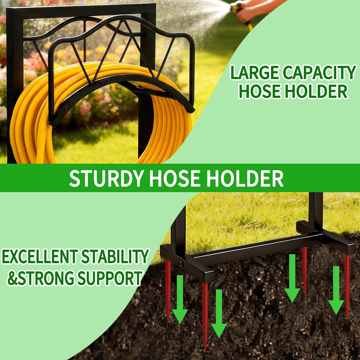 Garden Hose Holder - Upgraded Water Hose Holder Stand with Storage Basket Holds 150ft, Heavy Duty Freestanding Garden Hose Hanger Storage Rack for Outside Yard Lawn Farm