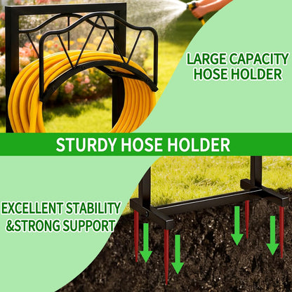 Garden Hose Holder - Upgraded Water Hose Holder Stand with Storage Basket Holds 150ft, Heavy Duty Freestanding Garden Hose Hanger Storage Rack for Outside Yard Lawn Farm