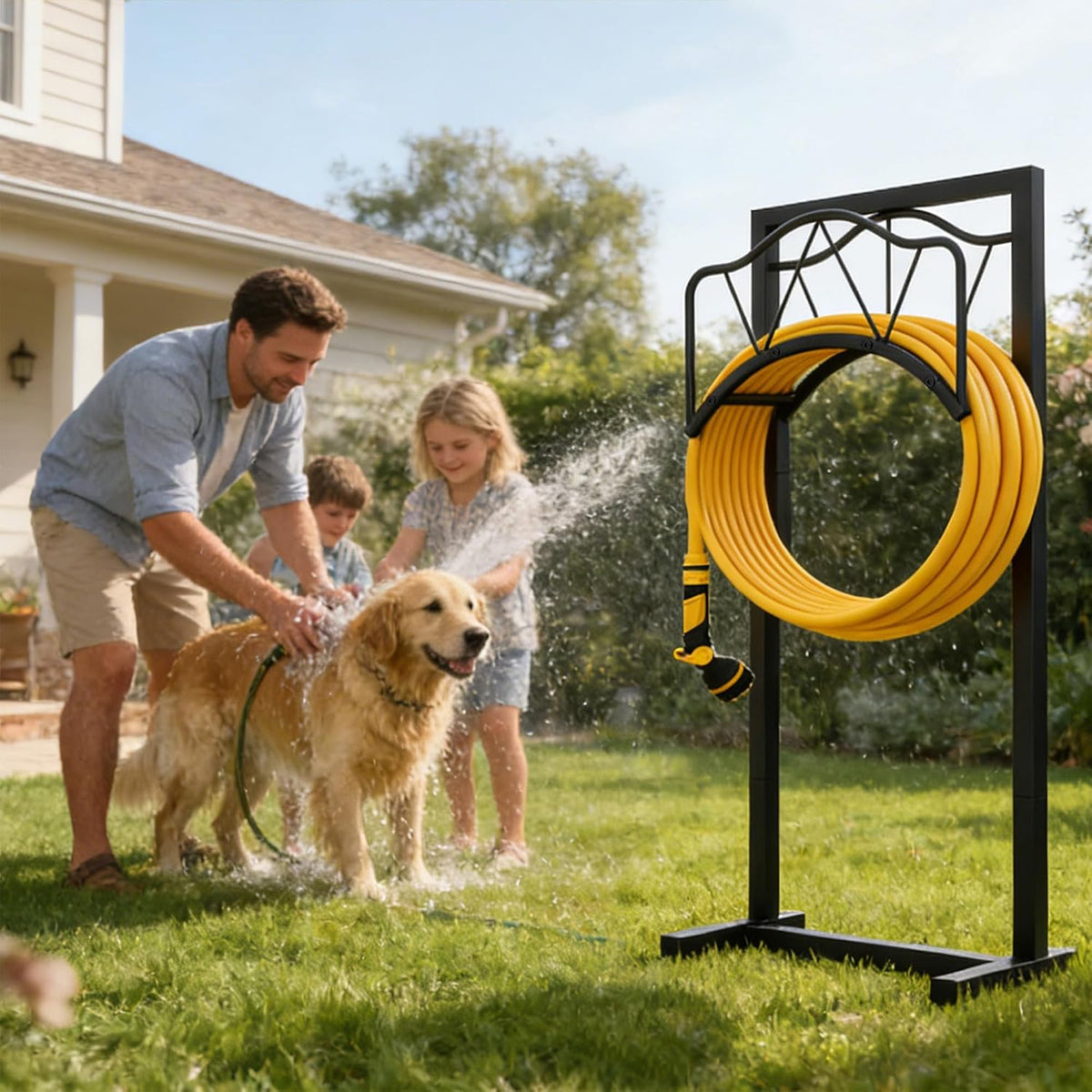 Garden Hose Holder - Upgraded Water Hose Holder Stand with Storage Basket Holds 150ft, Heavy Duty Freestanding Garden Hose Hanger Storage Rack for Outside Yard Lawn Farm