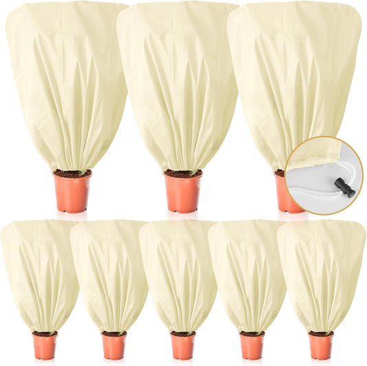 8 Pcs Plant Covers Frost Protection Bag Winter Reusable Plants Jacket with Drawstring Shrub Protection Wraps Bags Frost Blanket for Winter Outdoor Garden Plants (Beige, 47 x 31.5 Inch)