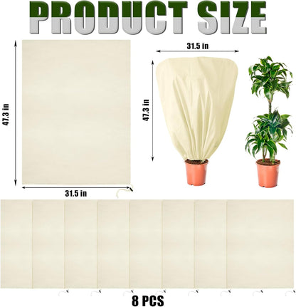 8 Pcs Plant Covers Frost Protection Bag Winter Reusable Plants Jacket with Drawstring Shrub Protection Wraps Bags Frost Blanket for Winter Outdoor Garden Plants (Beige, 47 x 31.5 Inch)