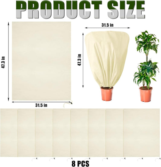 8 Pcs Plant Covers Frost Protection Bag Winter Reusable Plants Jacket with Drawstring Shrub Protection Wraps Bags Frost Blanket for Winter Outdoor Garden Plants (Beige, 47 x 31.5 Inch)