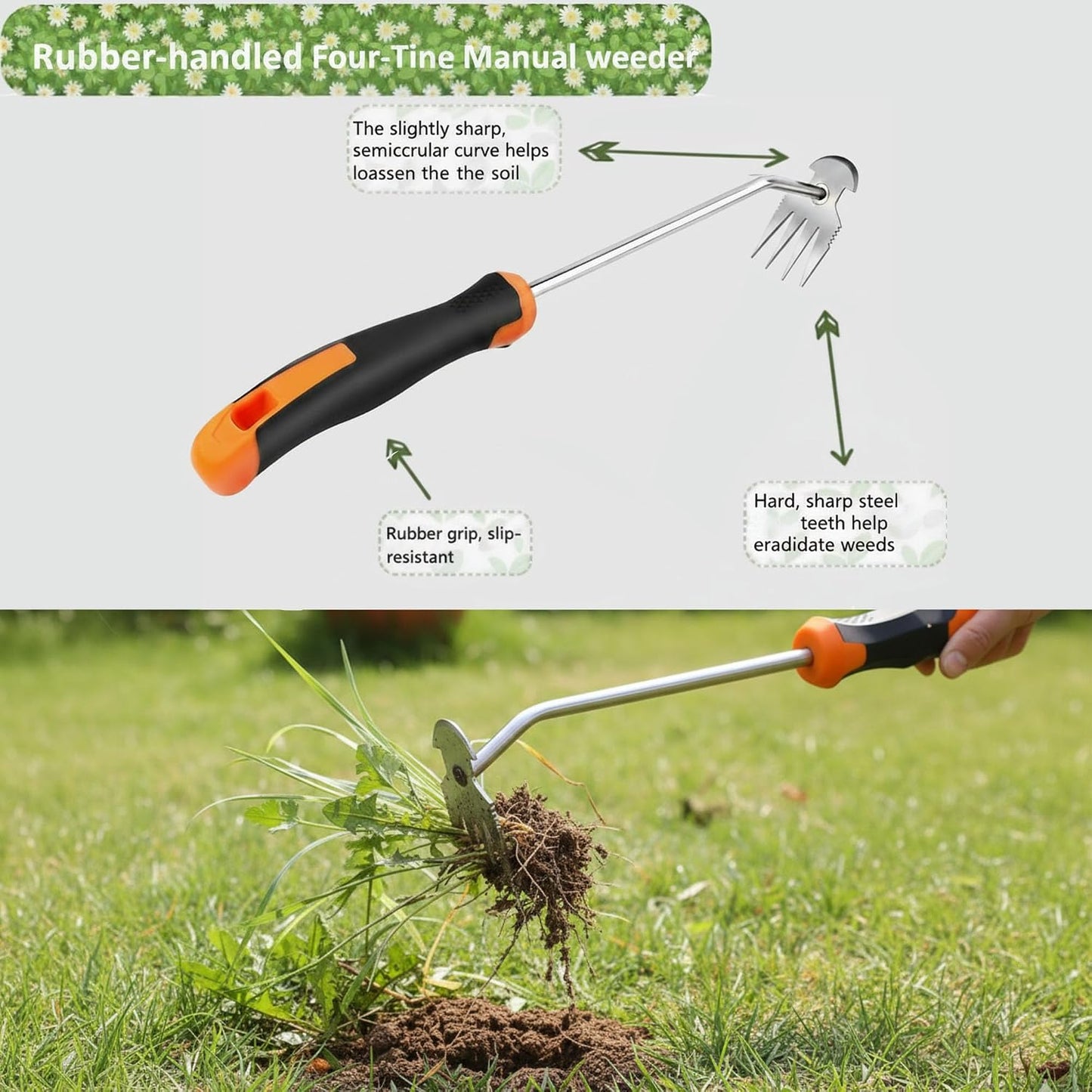 Weed Puller Tool, Portable Rubber-Handled Garden Tools, Four-Tined Weeding Tool, Uprooting Weeding Tools, Crevice Weeder, Yard Weed Tools and Weed Removal Tool (style1)