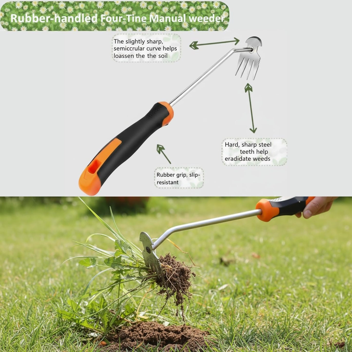 Weed Puller Tool, Portable Rubber-Handled Garden Tools, Four-Tined Weeding Tool, Uprooting Weeding Tools, Crevice Weeder, Yard Weed Tools and Weed Removal Tool (style1)