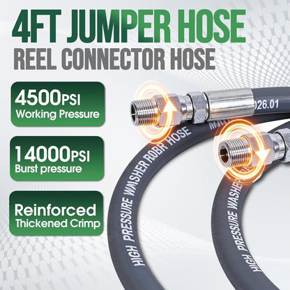 Pressure Washer Whip Hose 4 FT For Hose Reel, Dual Swivel Connector